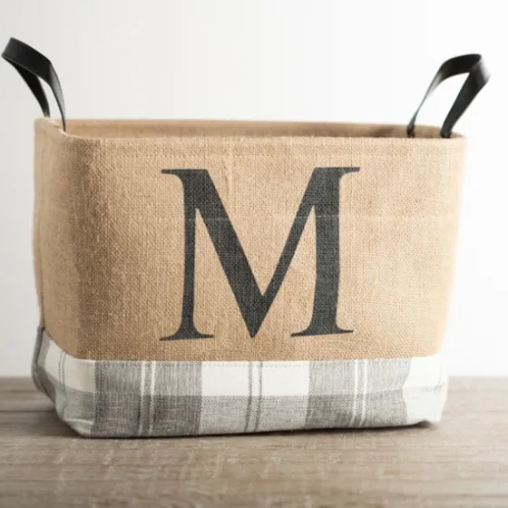 Monogrammed M Gray Plaid Leather Handle Jute Bin-Kirkland's Home Fashion
