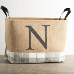 Monogrammed N Gray Plaid Leather Handle Jute Bin-Kirkland's Home Sale