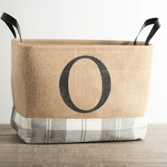 Monogrammed O Gray Plaid Leather Handle Jute Bin-Kirkland's Home Outlet