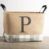 Monogrammed P Gray Plaid Leather Handle Jute Bin-Kirkland's Home Best