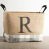Monogrammed R Gray Plaid Leather Handle Jute Bin-Kirkland's Home Shop