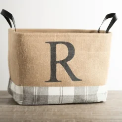 Monogrammed R Gray Plaid Leather Handle Jute Bin-Kirkland's Home Shop