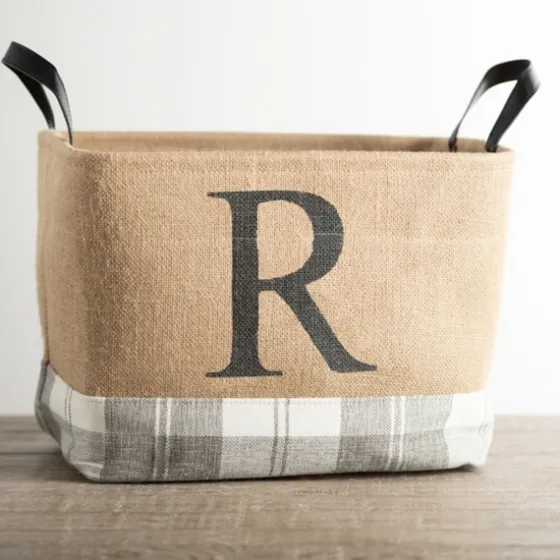 Monogrammed R Gray Plaid Leather Handle Jute Bin-Kirkland's Home Shop