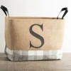 Monogrammed S Gray Plaid Leather Handle Jute Bin-Kirkland's Home Shop