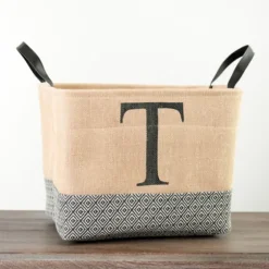 Monogrammed T Black Diamond Jute Storage Bin-Kirkland's Home Clearance
