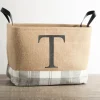 Monogrammed T Gray Plaid Leather Handle Jute Bin-Kirkland's Home Sale