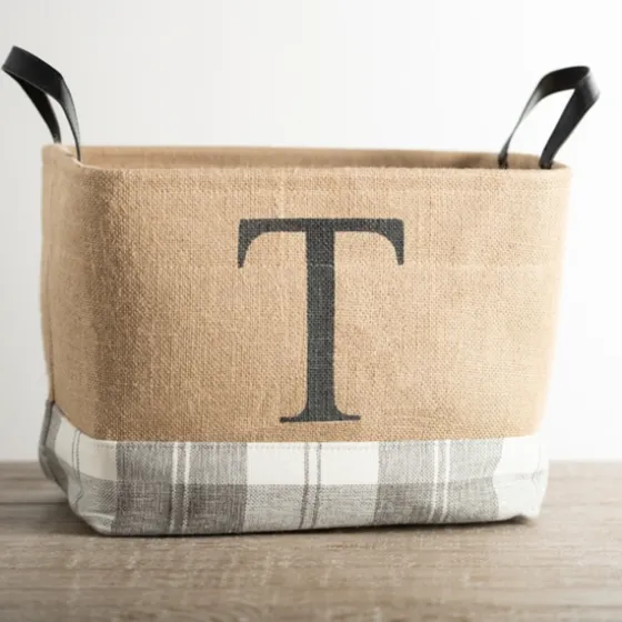 Monogrammed T Gray Plaid Leather Handle Jute Bin-Kirkland's Home Sale