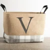 Monogrammed V Gray Plaid Leather Handle Jute Bin-Kirkland's Home Cheap