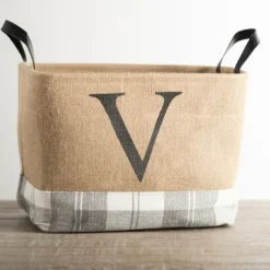 Monogrammed V Gray Plaid Leather Handle Jute Bin-Kirkland's Home Cheap