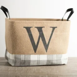 Monogrammed W Gray Plaid Leather Handle Jute Bin-Kirkland's Home Best Sale