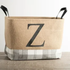 Monogrammed Z Gray Plaid Leather Handle Jute Bin-Kirkland's Home Shop