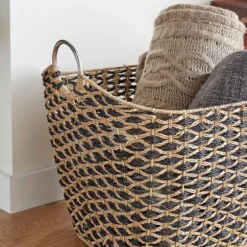 Natural And Black Seagrass Diamond Weave Basket-Kirkland's Home New