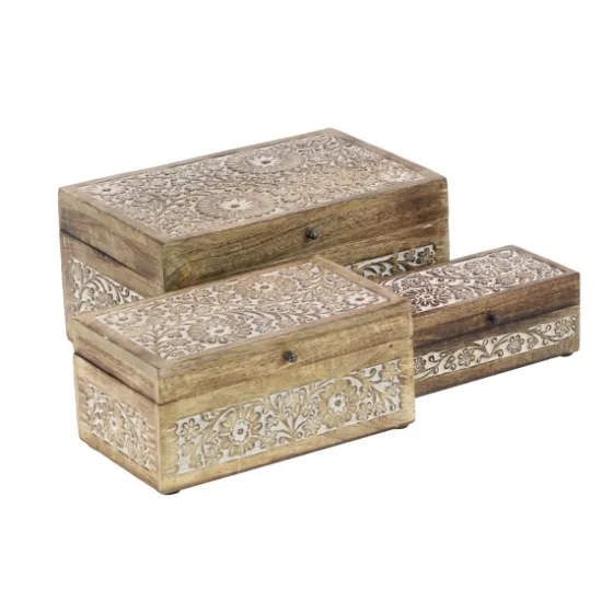 Natural Floral Carved Wood Boxes, Set Of 3-Kirkland's Home Cheap