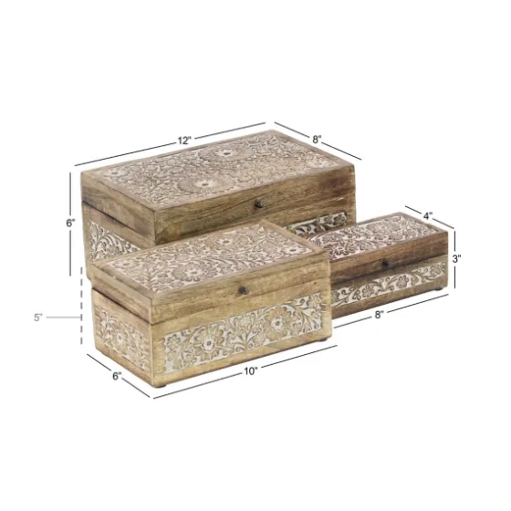 Natural Floral Carved Wood Boxes, Set Of 3-Kirkland's Home Cheap
