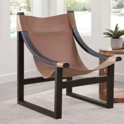 Natural Leather And Black Wood Sling Accent Chair-Kirkland's Home Cheap