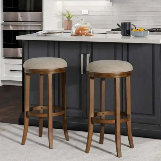 Natural Linen And Wood Bar Stools, Set Of 2-Kirkland's Home Cheap