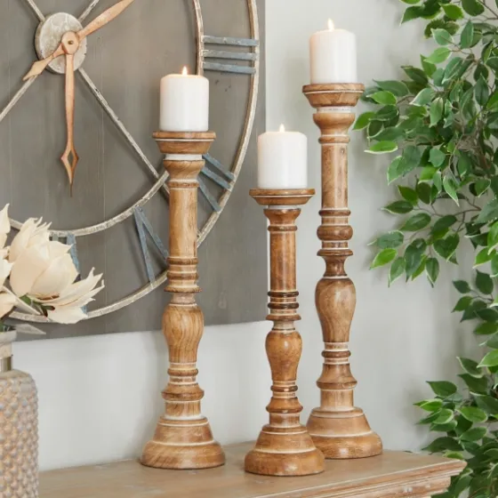 Natural Mango Wood Carved Candle Holders, Set Of 3-Kirkland's Home Cheap