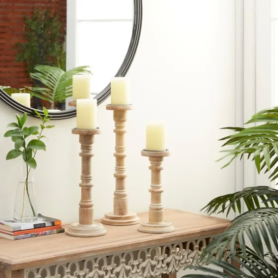 Natural Mango Wood Pillar Candle Holders, Set Of 3-Kirkland's Home Best Sale