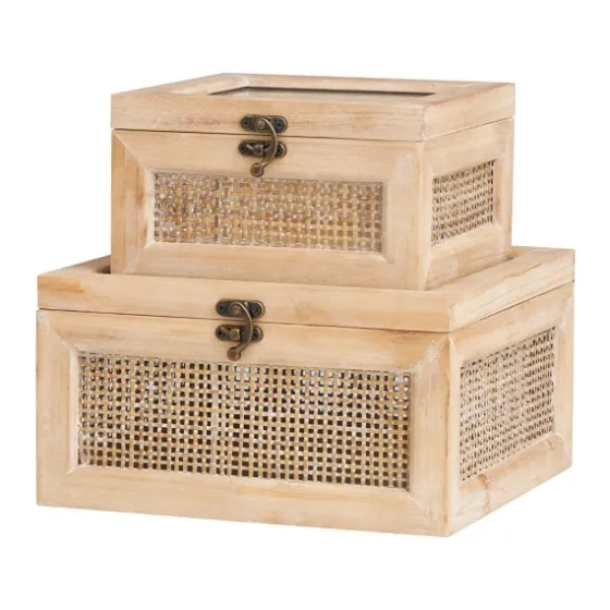 Natural Rat And Glass Top Boxes, Set Of 2-Kirkland's Home Best Sale