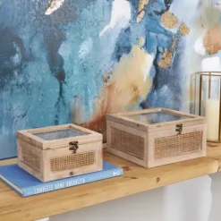 Natural Rat And Glass Top Boxes, Set Of 2-Kirkland's Home Best Sale