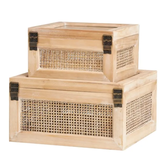 Natural Rat And Glass Top Boxes, Set Of 2-Kirkland's Home Best Sale