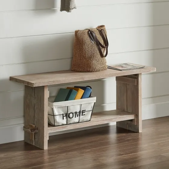 Natural Rustic Whitewashed Mango Wood Bench-Kirkland's Home Flash Sale