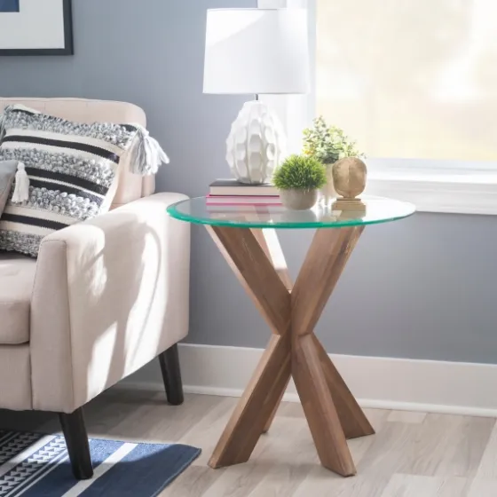 Natural Wood And Glass Top X-Base Accent Table-Kirkland's Home Fashion