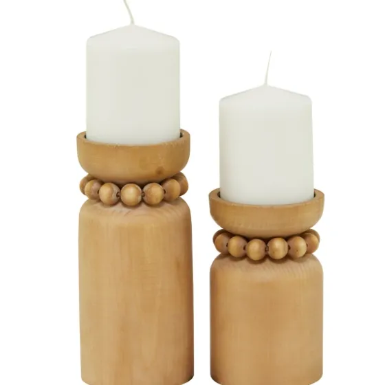 Natural Wood Beaded Candle Holders, Set Of 2-Kirkland's Home Cheap