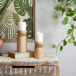 Natural Wood Beaded Candle Holders, Set Of 2-Kirkland's Home Cheap