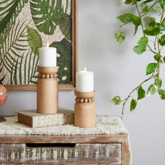 Natural Wood Beaded Candle Holders, Set Of 2-Kirkland's Home Cheap