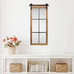 Natural Wood Frame Black Metal Window Mirror-Kirkland's Home Store
