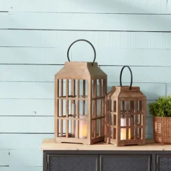 Natural Wood Windowpane Lantern, 22 In.-Kirkland's Home Shop