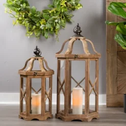 Natural Wood X-Frame Lanterns, Set Of 2-Kirkland's Home Flash Sale