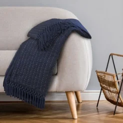 Navy And Cream Stitch Fringe Throw-Kirkland's Home Hot