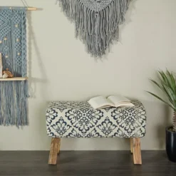 Navy And White Upholstered Scroll Bench-Kirkland's Home Shop