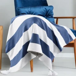 Navy Cabana Stripe Tassel Throw-Kirkland's Home Cheap