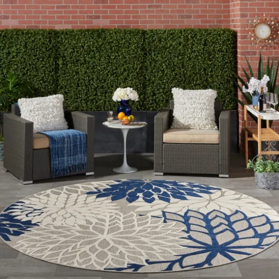 Navy Floral Burst Round Outdoor Area Rug, 7X7-Kirkland's Home Best
