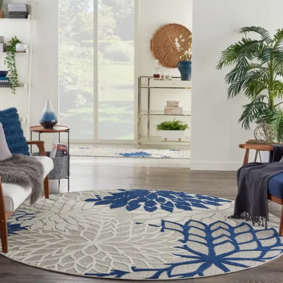 Navy Floral Burst Round Outdoor Area Rug, 7X7-Kirkland's Home Best