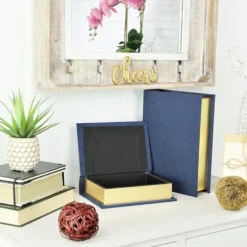 Navy Linen Book Boxes, Set Of 2-Kirkland's Home Cheap