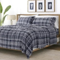 Navy Plaid Polka Dot 3-Pc. Twin Sheet Set-Kirkland's Home Discount