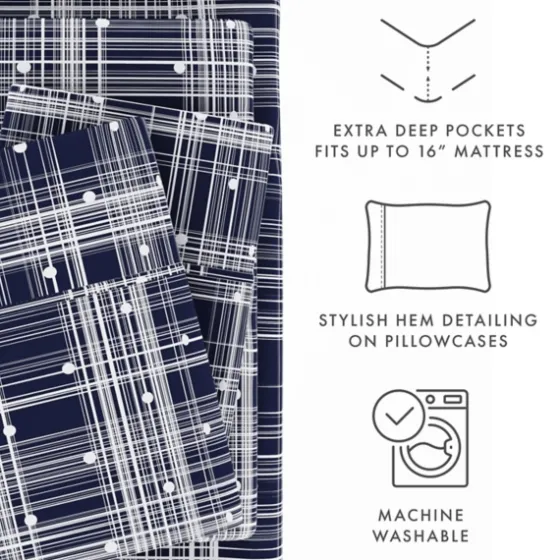 Navy Plaid Polka Dot 3-Pc. Twin Sheet Set-Kirkland's Home Discount