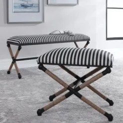 Navy Striped Seat And Black Metal Ottoman-Kirkland's Home New