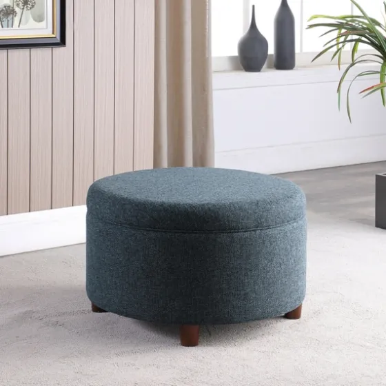 Navy Upholstered Round Storage Ottoman-Kirkland's Home Outlet