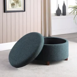 Navy Upholstered Round Storage Ottoman-Kirkland's Home Outlet