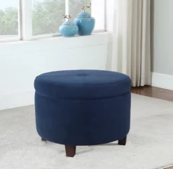 Navy Velvet Upholstered Round Storage Ottoman-Kirkland's Home Hot