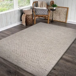 Neutral Bordered Lattice Outdoor Area Rug, 5X7-Kirkland's Home Cheap