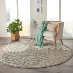 Neutral Floral Burst Outdoor Round Area Rug, 7 Ft.-Kirkland's Home Cheap