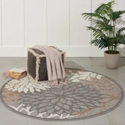 Neutral Floral Burst Outdoor Round Area Rug, 5 Ft.-Kirkland's Home Store