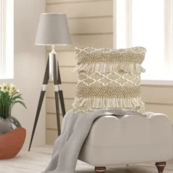 Neutral Geometric Fringe Accent Pillow-Kirkland's Home Outlet