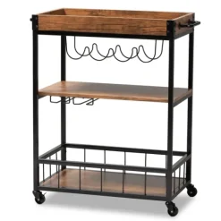 Oak And Black Metal Bar Cart With Bottle Rack-Kirkland's Home Hot